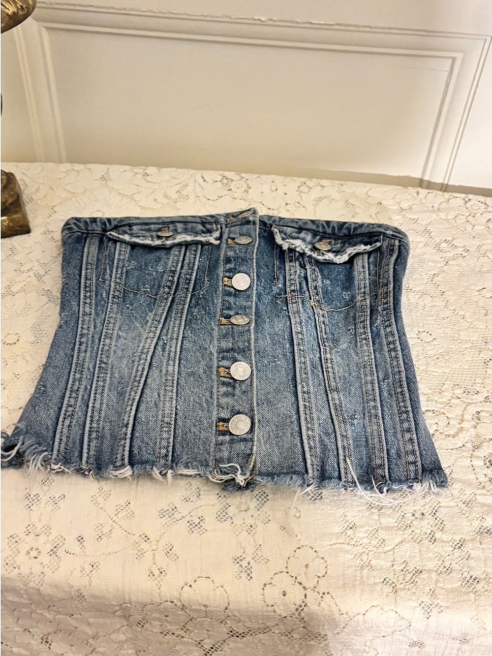 Zara Denim Strapless Corset Top in Light Blue